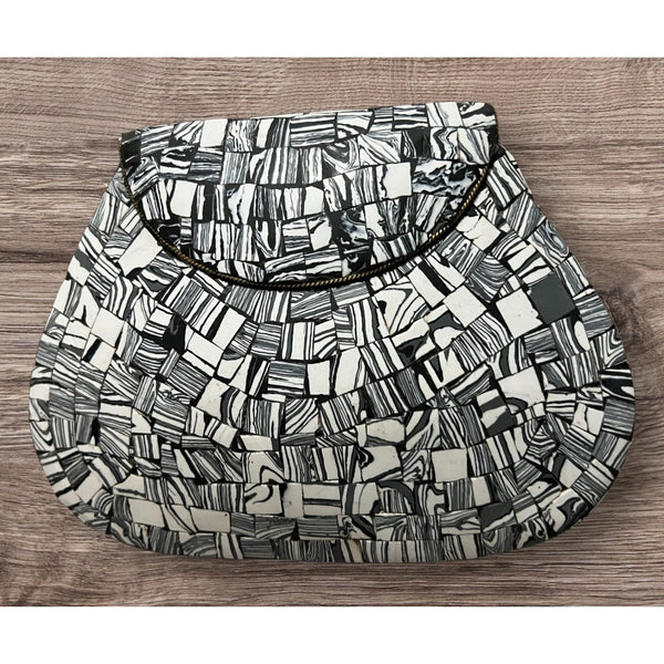 Ramla Handmade Moroccan Mosaic Stone Tile Crossbody Purse Black/White Chain Strap