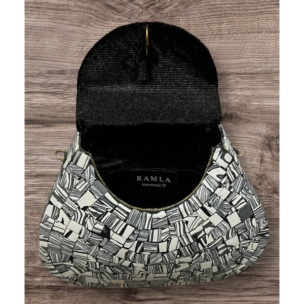 Ramla Handmade Moroccan Mosaic Stone Tile Crossbody Purse Black/White Chain Strap