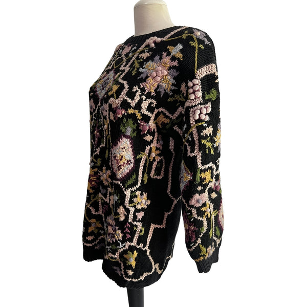 Vintage Cullinane Hand Knit Floral Sweater Sz L Womens Black Long Sleeve