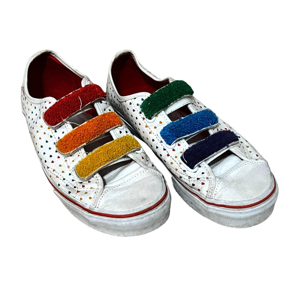 Vans Multi Color Heart Rainbow Sneakers Sz 6 Junior/ Sz 7.5 Womens Pride Vans Fuzzy Straps