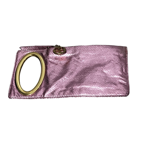 IMAN Shiny Metallic Snake Skin Make Up Carrier Clutch Bag with Golden Handle and Zipper