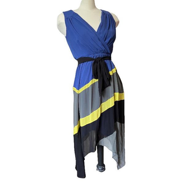 Max and Cleo Sheer Asymmetrical Dress Sz 4 Striped Blue, Yellow, & Gray Flirty