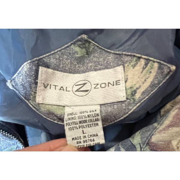 Vintage Vital Zone Silk Floral Cardigan Sz L Retro Zip Front Jacket