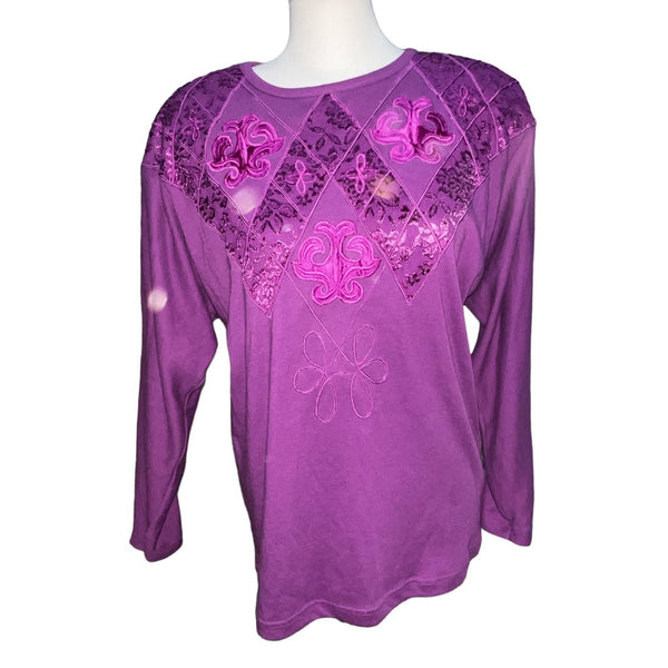 Vintage Cervelle Embroidered Patch Front Crew Neck Blouse Sz S Womens Purple Lace Long Sleeve
