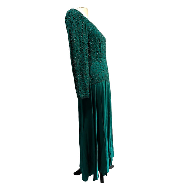 Vintage Sarah Elizabeth Beaded Teal Green Round Neck Dress Sz 14 Womens Pleated Skirt