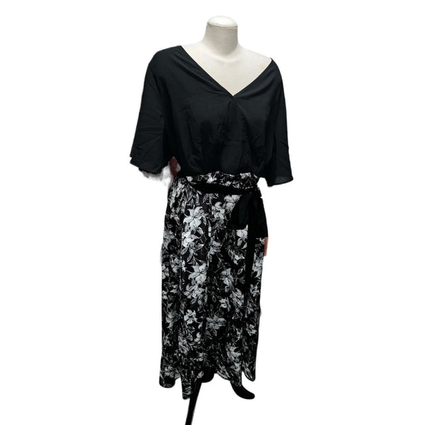 BloomChic NWT Floral Patchwork Pocket Belt Surplice Neck Ruffle Hem Dress Sz 2XL (18/20) Black & White