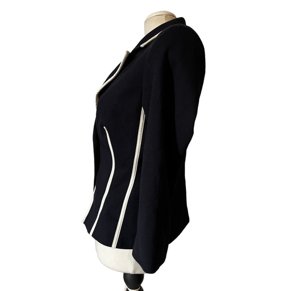 Vintage New York & Company Stretch Navy Blue Piped Collared Blazer Sz M Womens Y2K 3/4 Sleeve