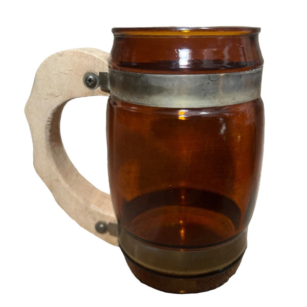 Set of 5 Vintage 1960s Siesta Ware Amber Glass Barware Barrel Mugs w/ Wooden Handle