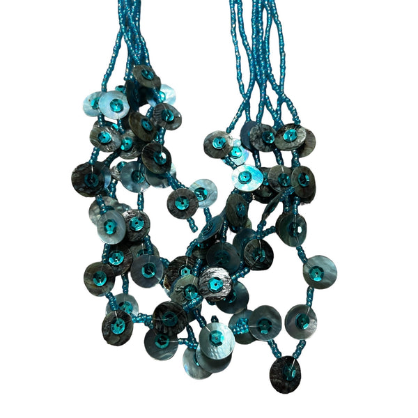 Beaded Turquoise Blue Multi Stranded Shell Necklace with Clasp 10" Womens Shell Jewelry