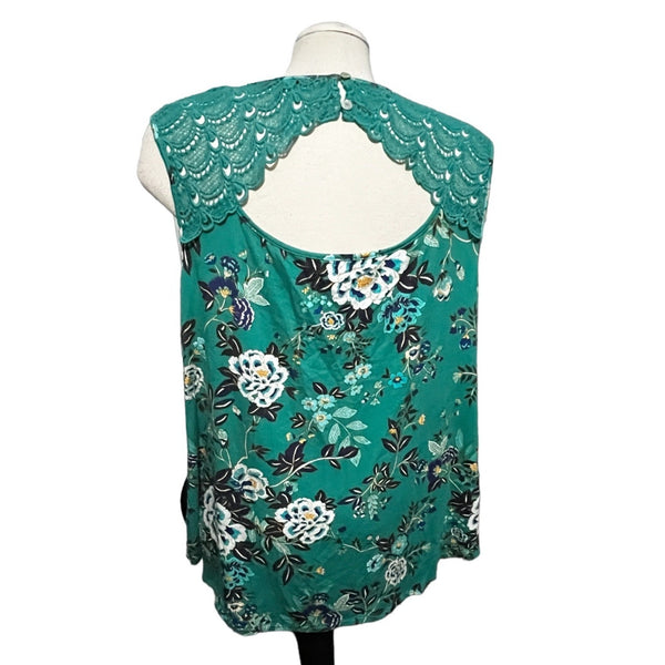 Daniel Rainn Open Back Lace Shoulder Tank Top Sz 2XL Womens Plus Sleeveless Blouse Floral Teal