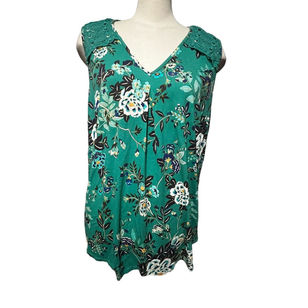 Daniel Rainn Open Back Lace Shoulder Tank Top Sz 2XL Womens Plus Sleeveless Blouse Floral Teal