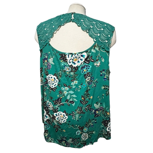 Daniel Rainn Open Back Lace Shoulder Tank Top Sz 2XL Womens Plus Sleeveless Blouse Floral Teal