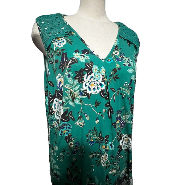 Daniel Rainn Open Back Lace Shoulder Tank Top Sz 2XL Womens Plus Sleeveless Blouse Floral Teal