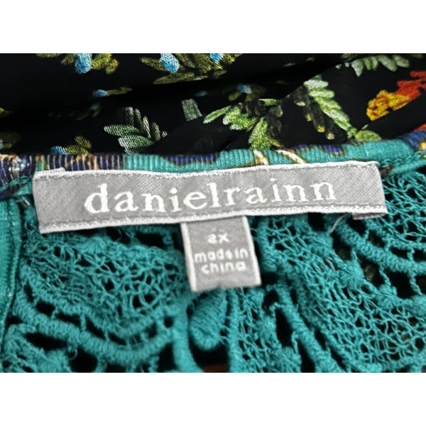 Daniel Rainn Open Back Lace Shoulder Tank Top Sz 2XL Womens Plus Sleeveless Blouse Floral Teal