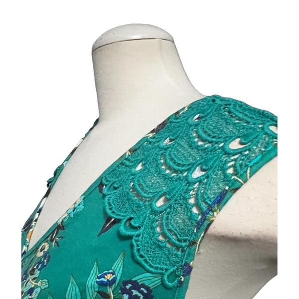 Daniel Rainn Open Back Lace Shoulder Tank Top Sz 2XL Womens Plus Sleeveless Blouse Floral Teal