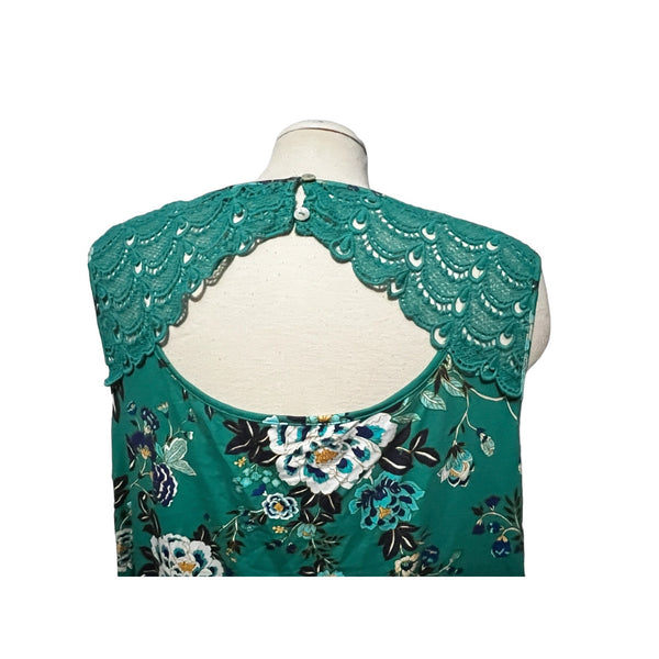 Daniel Rainn Open Back Lace Shoulder Tank Top Sz 2XL Womens Plus Sleeveless Blouse Floral Teal