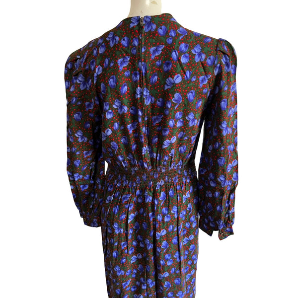Vintage Floral Dress Sz Small Green & Blue Fit & Flare 3/4 Sleeve by Breli Originals
