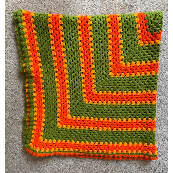 Vintage Crochet Afghan Blanket 58" x 54" Handmade Throw Quilt Orange Green Retro 70's
