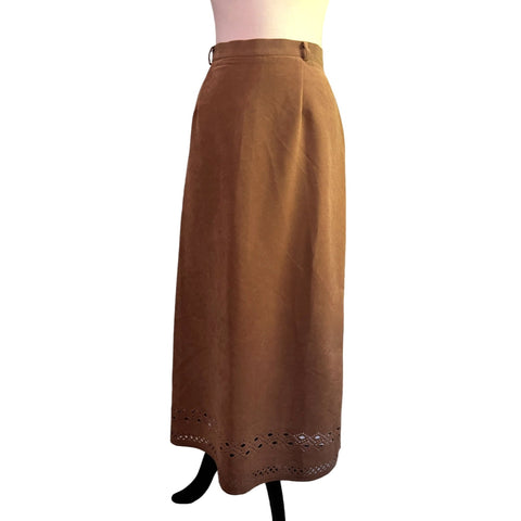 Vintage Bagatelle Tan Eyelet Cut Maxi Skirt Sz 14P Boho Zipper Back with Button Suede Feel