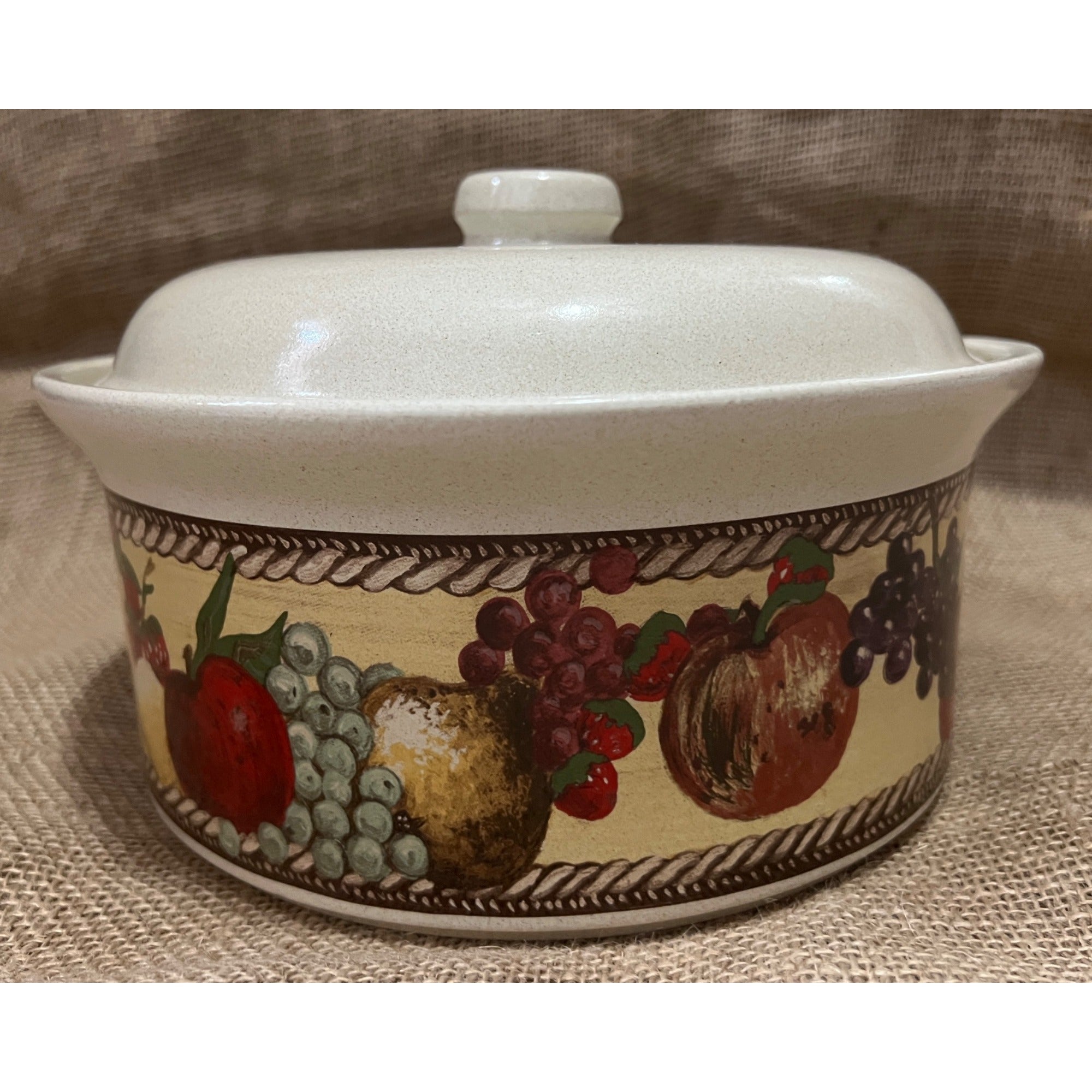 Vintage 3 Quart Clay Casserole Baking Dish with Lid and Fruit