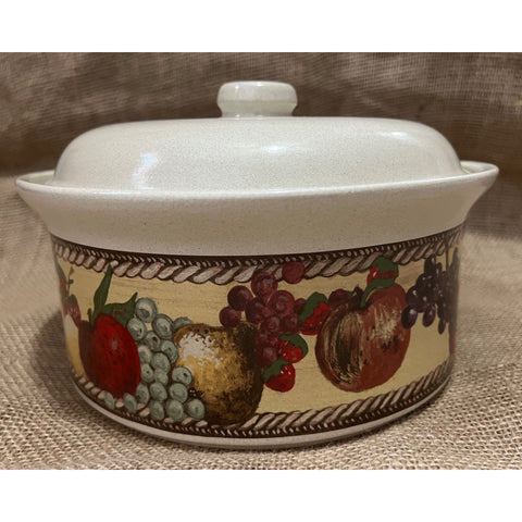 Vintage 3 Quart Clay Casserole Baking Dish with Lid and Fruit Painted