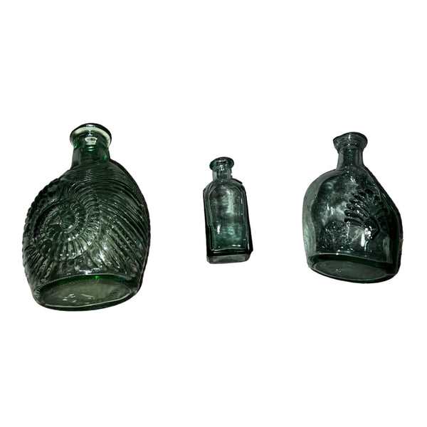 Bundle of 3 Libbey Nautical Green Glass Decanters for Home Decor or Liquids with Shell Carving