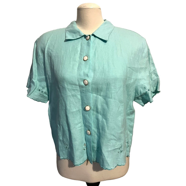 Vintage Uniform by John Paul Richard Linen Cropped Button Down Blouse Sz M Womens Baby Blue