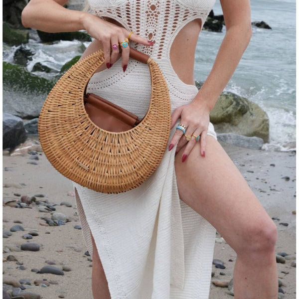 RAMLA New Ocean Rattan and Vegan Leather Bag Round Handle Purse