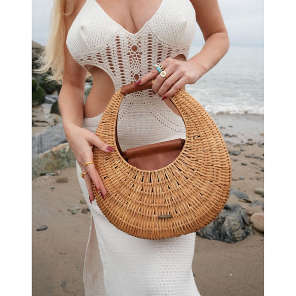 RAMLA New Ocean Rattan and Vegan Leather Bag Round Handle Purse