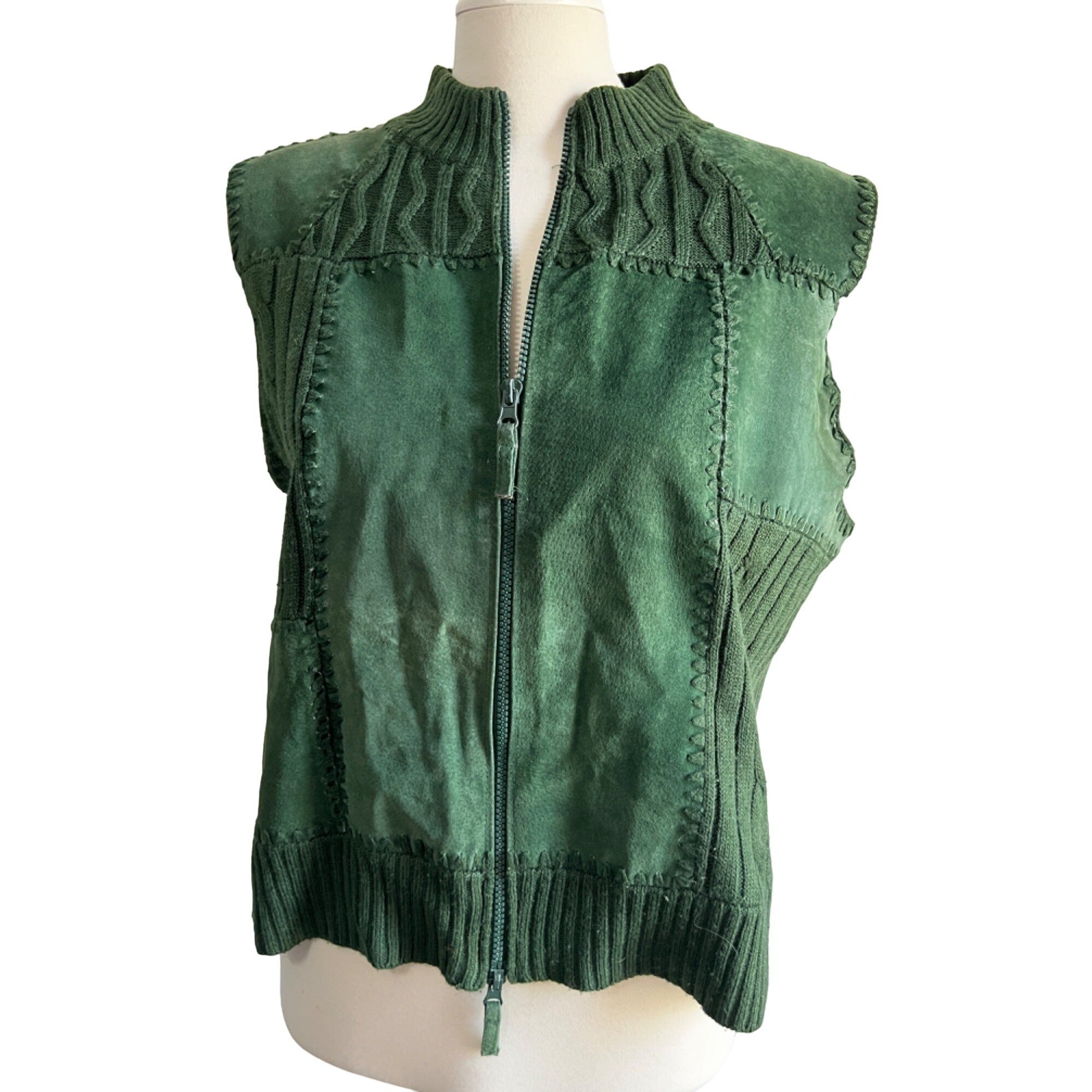 Vintage Ambra Green Leather Patchwork Vest Sz Petite XL Womens Sleeveless