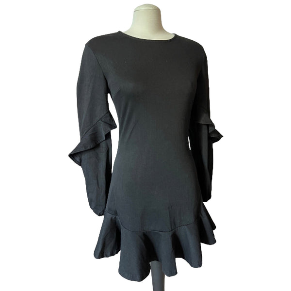 Shilla The Label Allure Frill Black Dress Sz S Womens Ruffle Long Sleeve Mini Dress