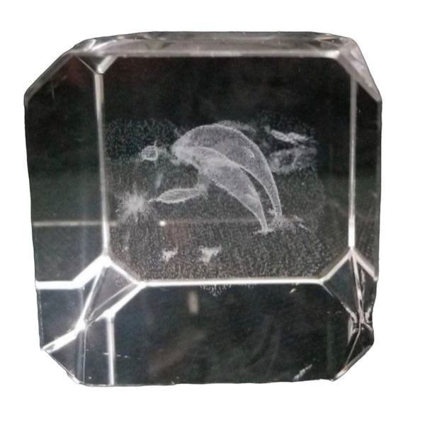 Dolphin Family Paperweight Etched Crystal Marine Life Office Decor