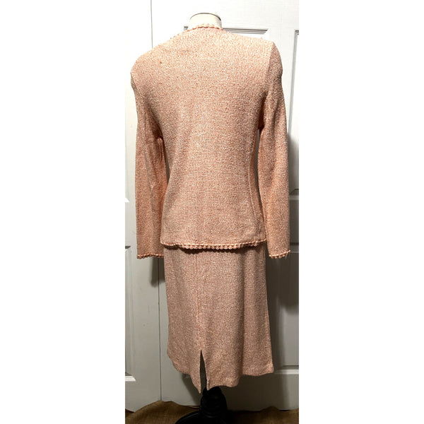 Vintage Waffle Knit Skirt Suit Set Sz M Womens by Miss Dorby Pink White Long Sleeve