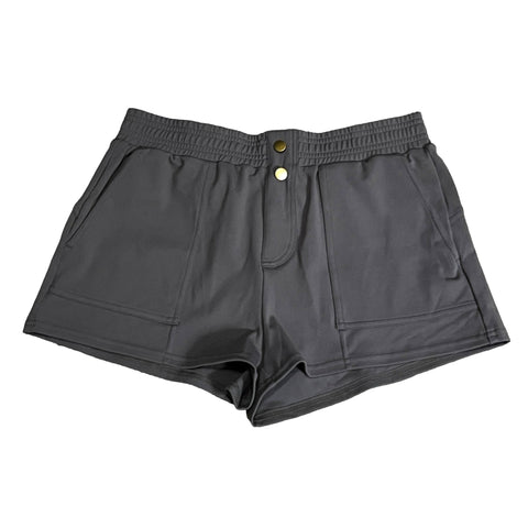 Halara NWT Mid Rise Elastic Waistband Button Casual Shorts Sz M Grey Side Pockets