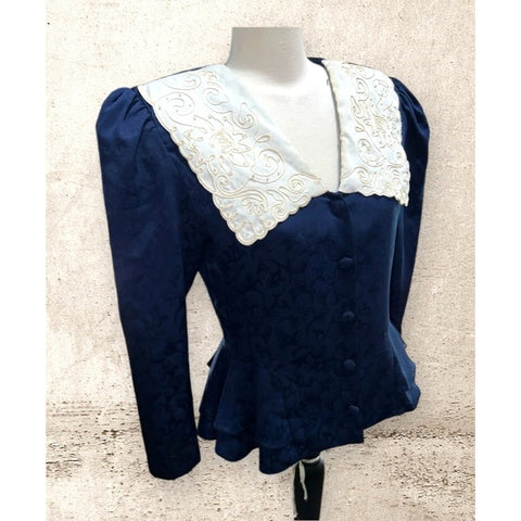 Vintage In the Mood 50's Style Beaded Embroidered Collar Button Front Blouse Sz 10 Womens Navy Blue Cottage Core