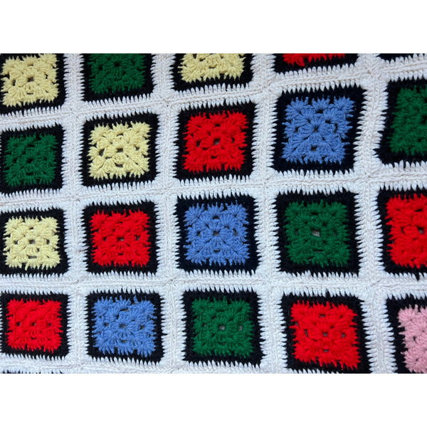 Vintage Granny Squares Handmade Afghan 54" x 35" Pink, White, Black, Yellow, & Green