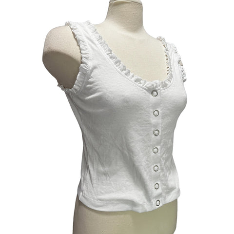 Chaser NWOT Ruffle Collar Button Front Waffle Knit Tank Top Sz S Womens White Sleeveless Soft