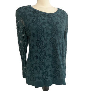 Adrianna Papell Teal Lace Blouse Sz XL Womens Long Lacey Sleeves