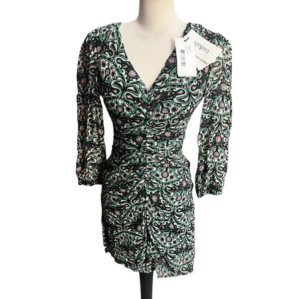 NWT ba&sh Fanny Dress Sz M Womens Green Paisley 3/4 Sleeve Mini Dress