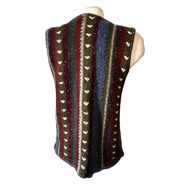 Vintage IVY Tribal Knit Button Down Wool Sweater Vest Sz M Womens Multi Color with Pockets