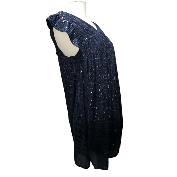 BloomChic NWT Sequin Mesh Pocket Cap Sleeve Ruffle Trim Dress Sz 10 Womens Navy Blue Party Dress