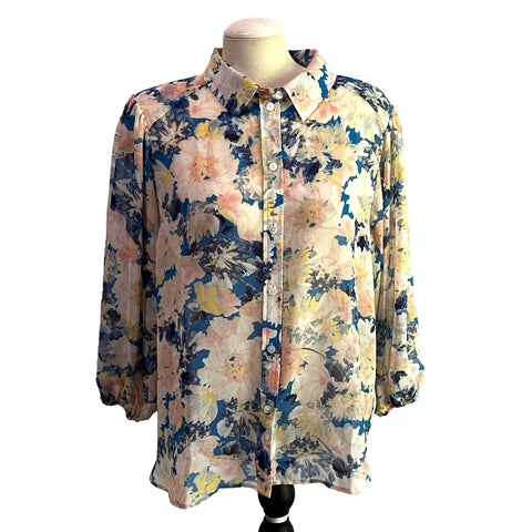 Sanctuary Sheer Floral Peasant Sleeve Button Down Collared Blouse Sz XXL Womens Blue & Pink
