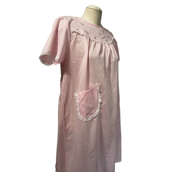 Vintage Handmade Pink Floral Embroidered Wrap Night Gown Robe Sz S/M Womens Short Sleeve