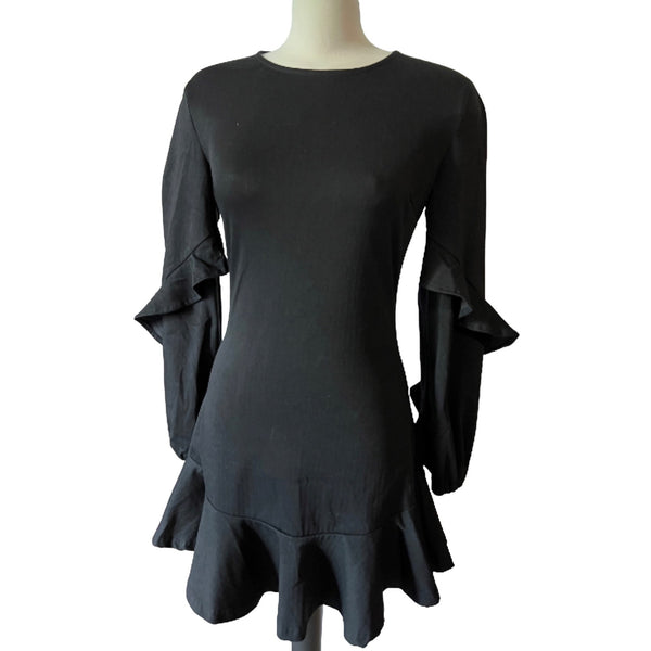Shilla The Label Allure Frill Black Dress Sz S Womens Ruffle Long Sleeve Mini Dress
