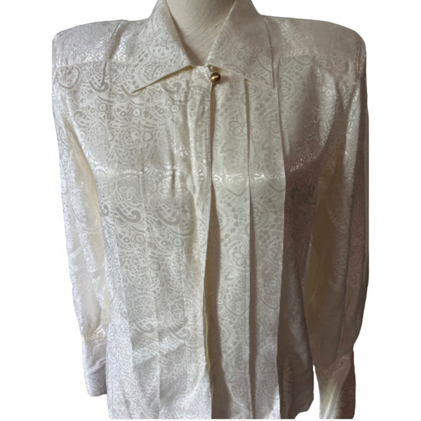 Vintage Liz Claiborne Pleated Front Collared Silky Blouse Sz 8 Off White Shoulder Pads