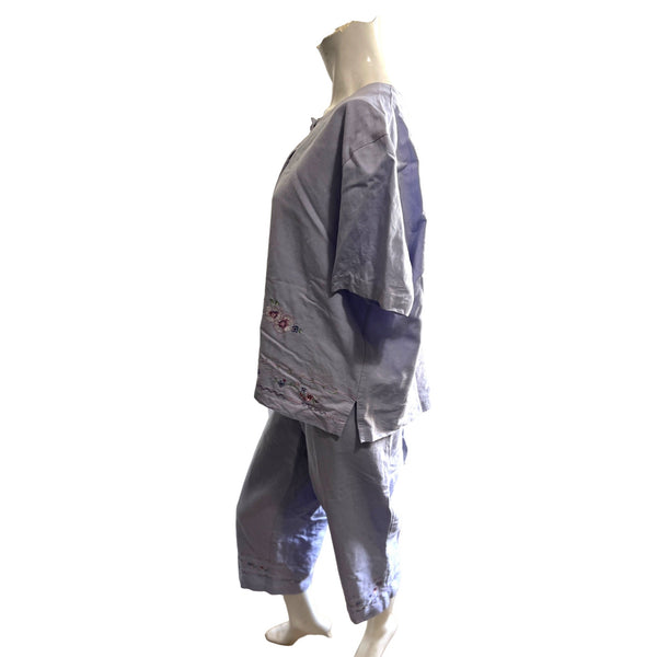 Vintage Koret Linen Blend Floral Pant Suit Sz Large Womens Purple Button Front Shirt with Capris