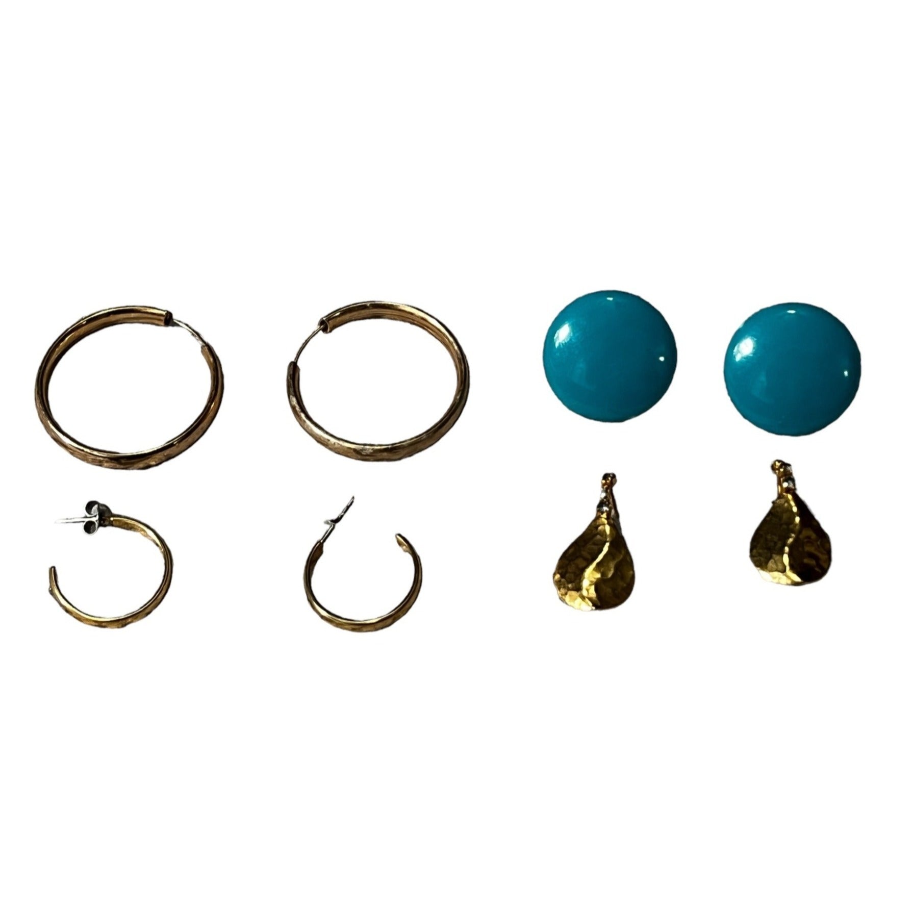Bundle of 4 Pairs of Assorted Earrings Gold Hoops Tear Drops and Teal Studs