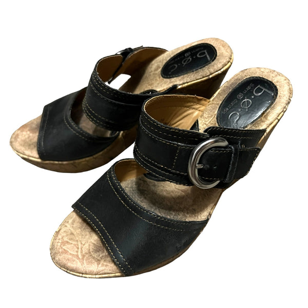 b.o.c. Black Leather Wedge Sandals Sz 7 Womens C17903 CIK12