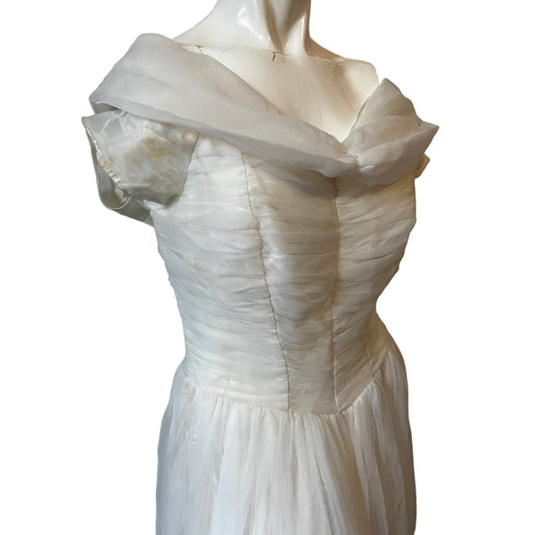 Vintage JA Poole Handmade White Ruche Front Tulle Dress Sz Small Appx (Unsized) Wedding Princess Prom