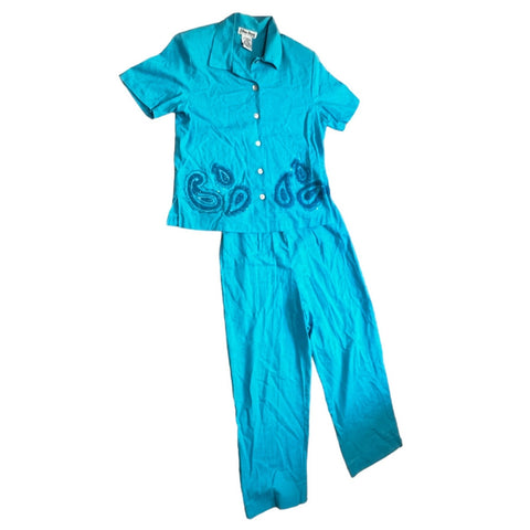 Vintage Ultra Dress New York Sz 8 Womens Blue Linen Blend 2 Piece Pant Set